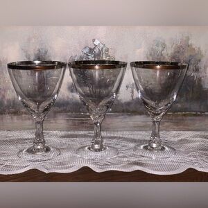 Fostoria Crystal Set of 3 Silver Rim Wine Glasses Water Goblets Cups